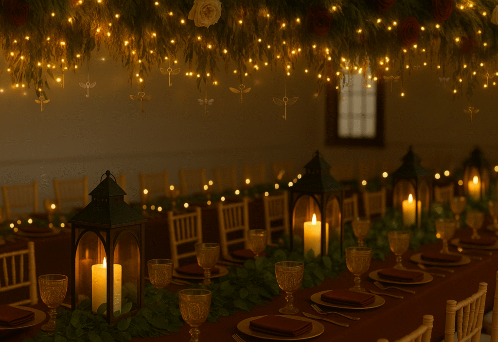 AI-generated image of a Harry Potter-themed wedding breakfast in the Upper Sugar Room