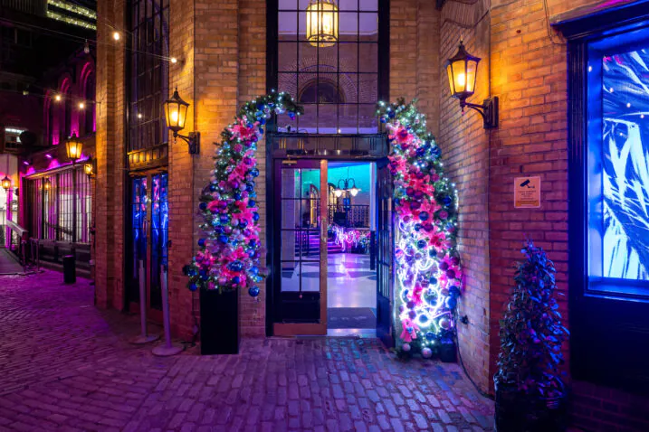 Entrance of The Brewery decorated for Christmas